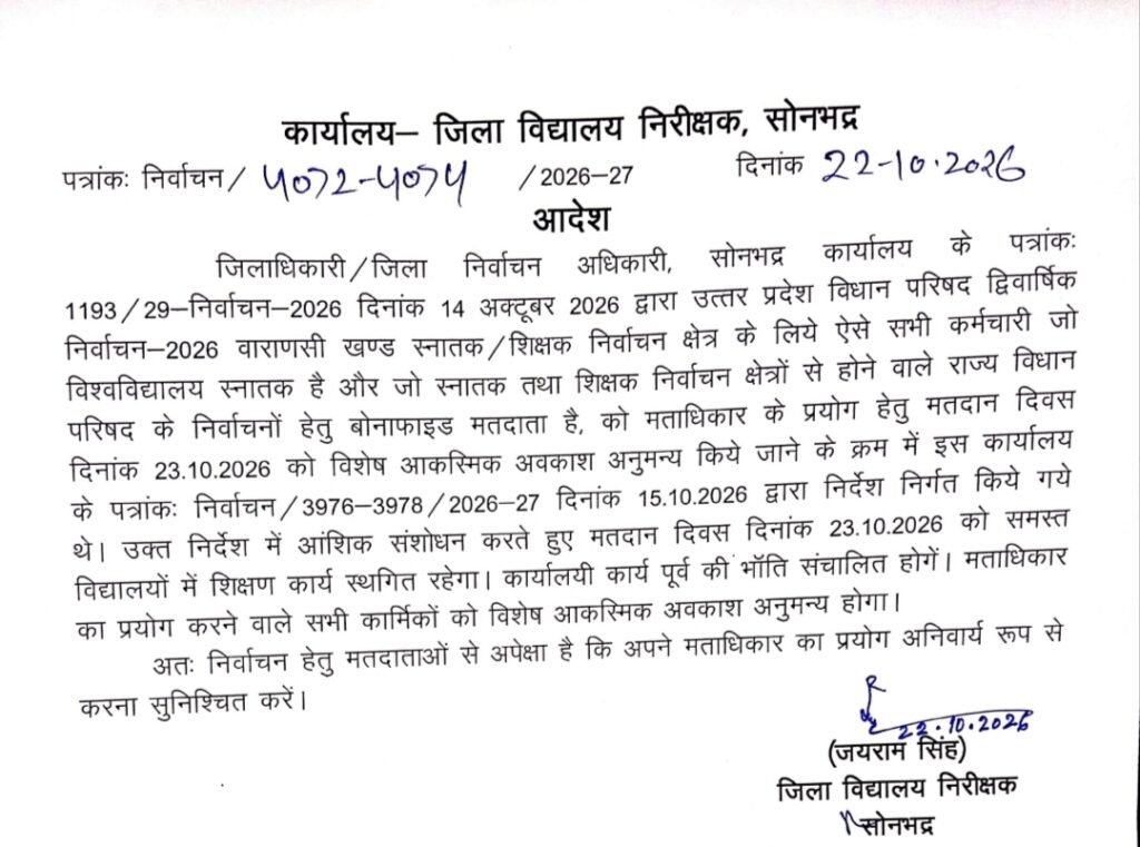 विधान परिषद चुनाव के लिए,23 अक्टूबर को विद्यालयों में शिक्षण कार्य बंद,मतदाताओं को मतदान के लिए मिली छूट